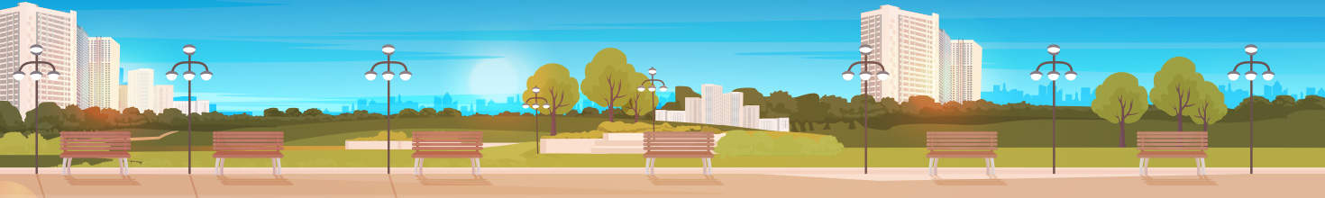 A park bench with a city in the backgroun