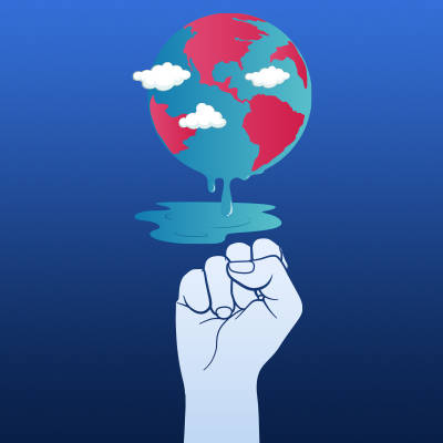 Image showing the planet melting to represent climate change, and a fist punching it to show mankind combating global warming