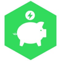 Icon image of an energy coin falling into a piggy bank - to represent energy cost and sit by the copy about the long term cost of sustainable energy being more affordable 