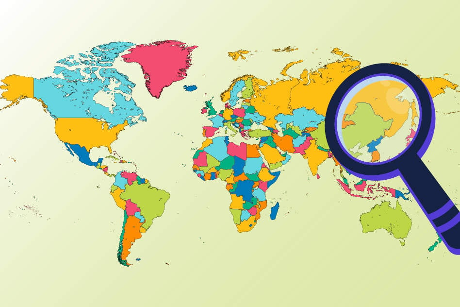 Image showing world map with magnifying glass over one part to illustrate discovering the world's endangered languages 