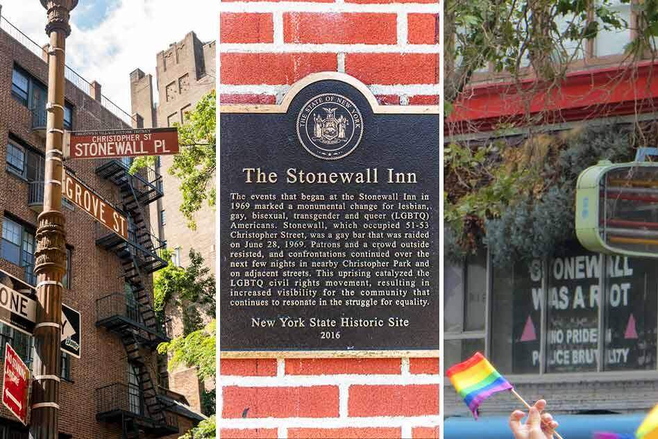 stonewall plaque, street sign and 'stonewall was a riot' written on a window