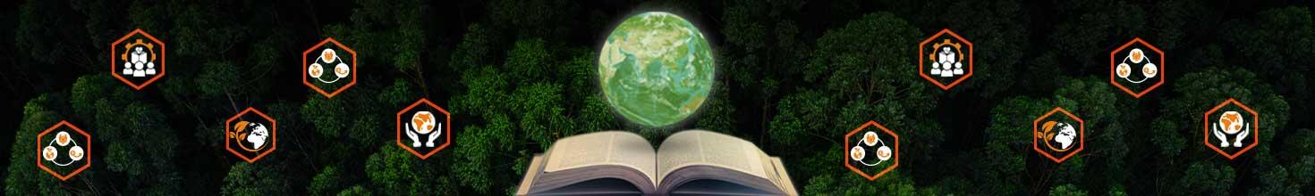 Image of an open book with planet earth hovering above, and all around it icons representing key sustainability themes covered