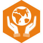 Icon image depicting social sustainability, showing hand cupping the planet in their palms, representing the need for social mindfulness to care for the earth