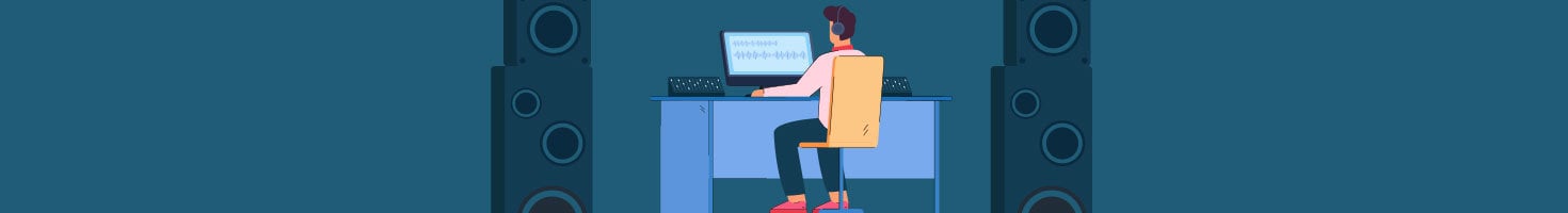 Graphic of man sitting at computer using audio software