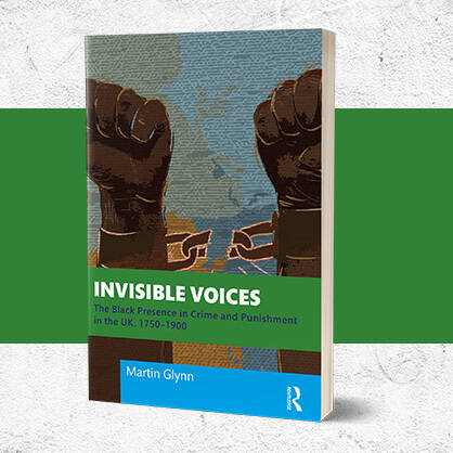 book cover for 'Invisible Voices', showing black hands breaking shackles