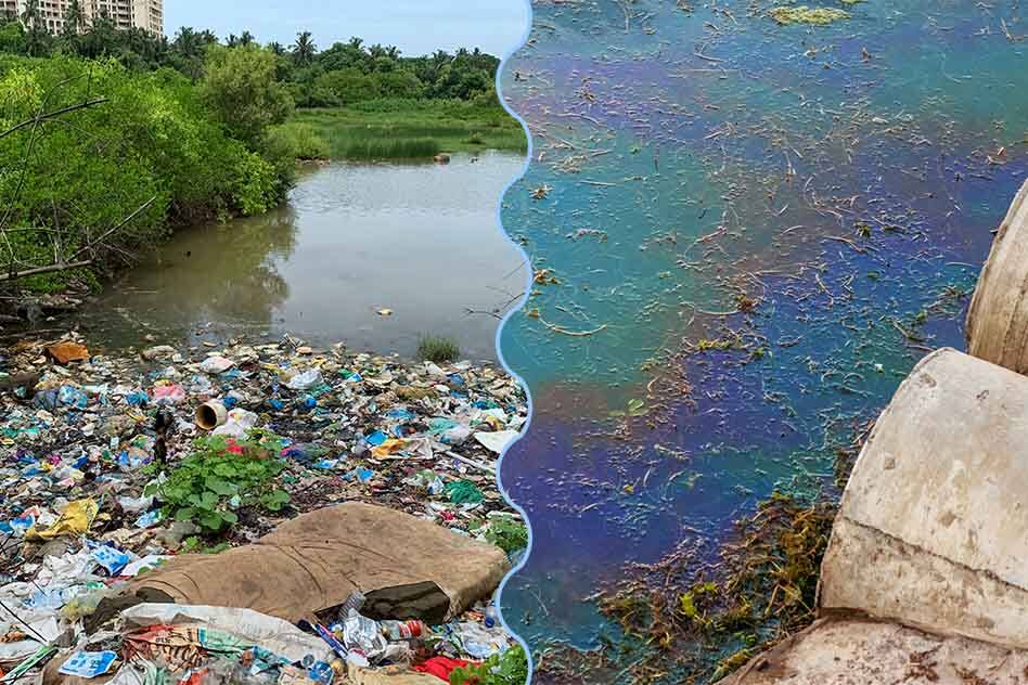 Polluted shore with rubbish on bank and in water, beside oil sat on water