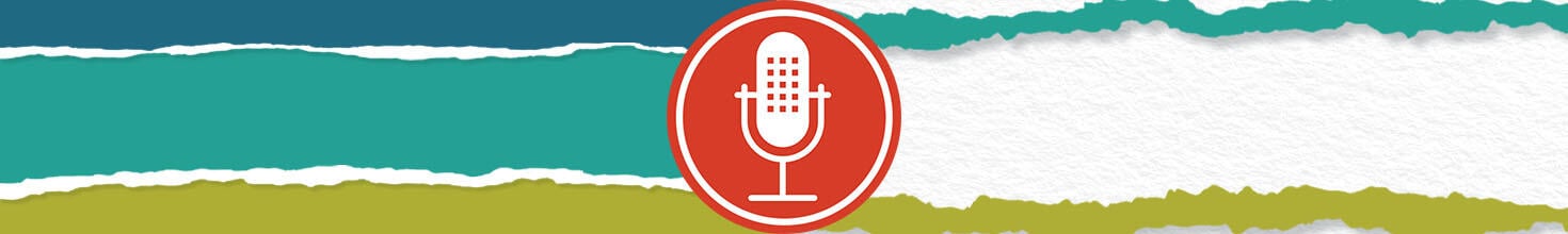 a red microphone logo over a colorful striped background