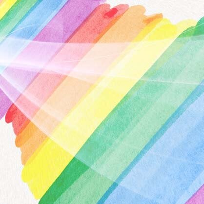 Diagonal rainbow stripes in watercolour, getting closer to us towards the right