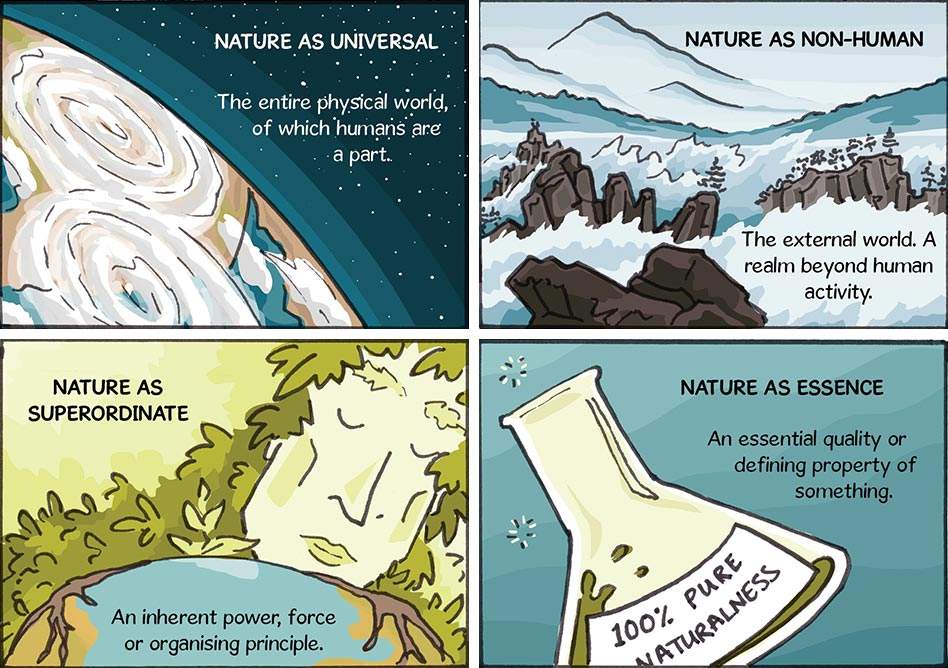 Nature as Universal: The entire physical world, of which humans are a part. Nature as Non-human: The external world. A realm beyond human activity. Nature as Superordinate: An inherent power, force or organising principle. Nature as Essence: An essential quality or defining property of something