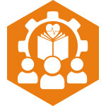 Icon image depicting human sustainability, showing symbols for health and education systems as well as citizens.